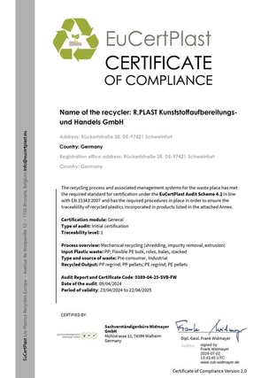 EuCertPlast Certificate of Compliance